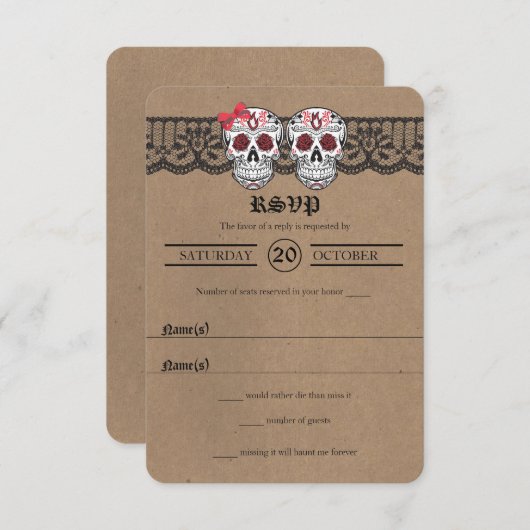 RSVPカードを結婚する素朴なクラフト及びレースの砂糖のスカル 出欠カード (正面/裏面)