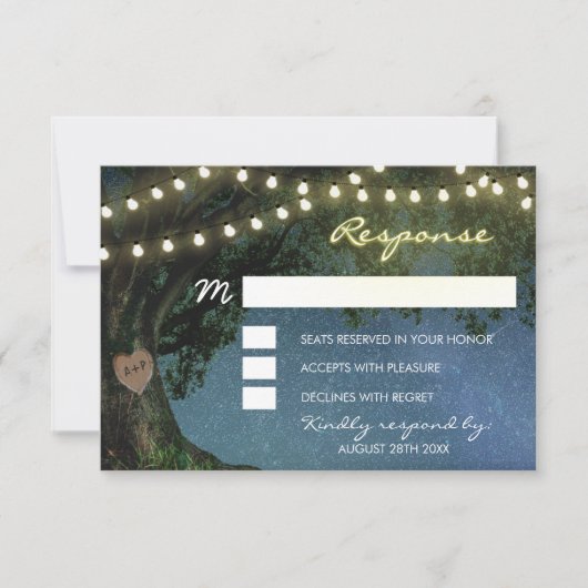 RSVPカードを結婚する素朴な切り分けられたハートのオークの木 出欠カード (正面)
