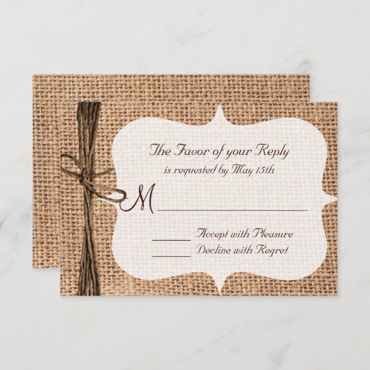 RSVPカードを結婚する素朴な国のバーラップの麻ひも 出欠カード (正面/裏面)