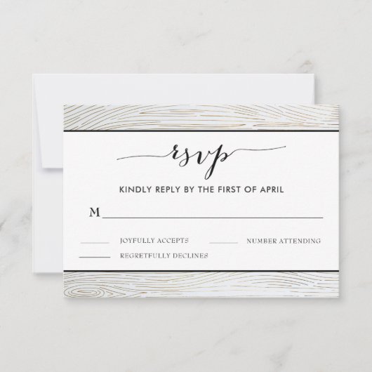 RSVPカードを結婚する素朴な金ゴールドの木製の穀物 出欠カード (正面)