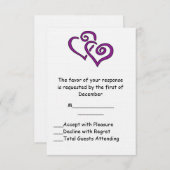 RSVPカードを結婚する紫色の二重ハート 出欠カード (正面/裏面)