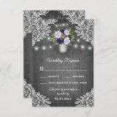 RSVPカードを結婚する紫色の銀製灰色の花のレース 出欠カード (正面/裏面)