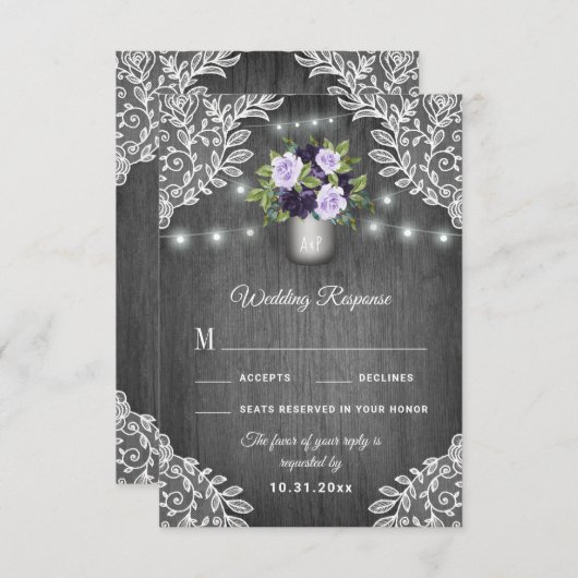 RSVPカードを結婚する紫色の銀製灰色の花のレース 出欠カード (正面/裏面)