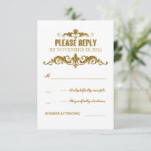 RSVPカードを結婚する金ゴールドのグリッターホイルの紙吹雪 出欠カード (スタンド正面)