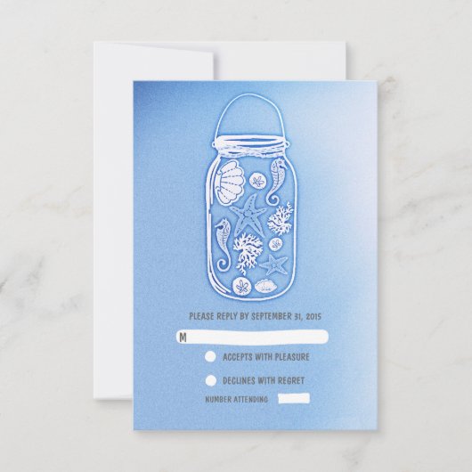RSVPカードを結婚する青いビーチのメーソンジャー 出欠カード (正面)