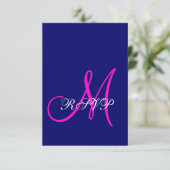 RSVPカードを結婚する青いピンクのモノグラム 出欠カード (スタンド正面)