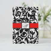 RSVPカードを結婚する黒くおよび赤いダマスク織 出欠カード (スタンド正面)