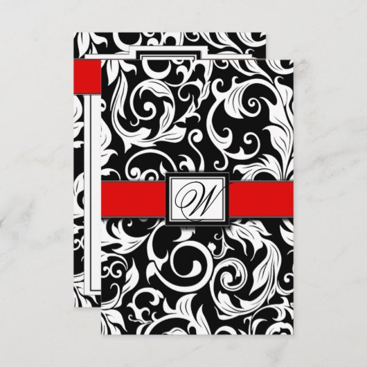 RSVPカードを結婚する黒くおよび赤いダマスク織 出欠カード (正面/裏面)