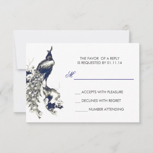 RSVPカードを結婚する黒くおよび青の孔雀のスケッチ 出欠カード (正面)