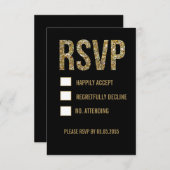 RSVPカードを結婚する黒及び金ゴールドのグリッターのタイポグラフィ 出欠カード (正面/裏面)