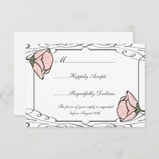 RSVPカードを結婚するScrollworkおよびピンクの花 出欠カード (正面/裏面)