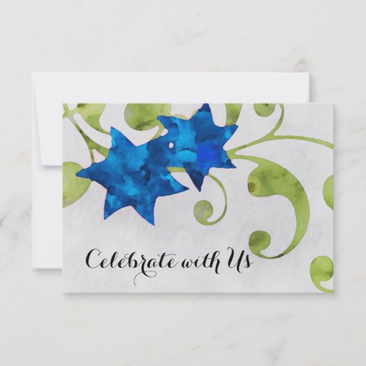 RSVPカードウォーターカラースターフローラデザインブルー 招待状 (正面)