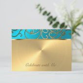 RSVPカードエレガントターコイズブルー金ゴールドフィリグリー 出欠カード (スタンド正面)