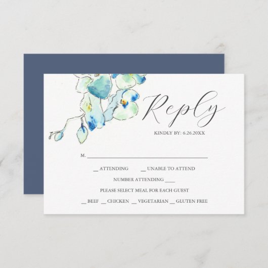 RSVPカードエレガントブルーウォーター色の花 出欠カード (正面/裏面)