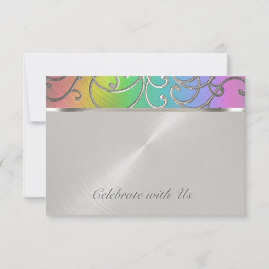RSVPカードエレガントレインボーとシルバーフィリグリー 出欠カード (正面)