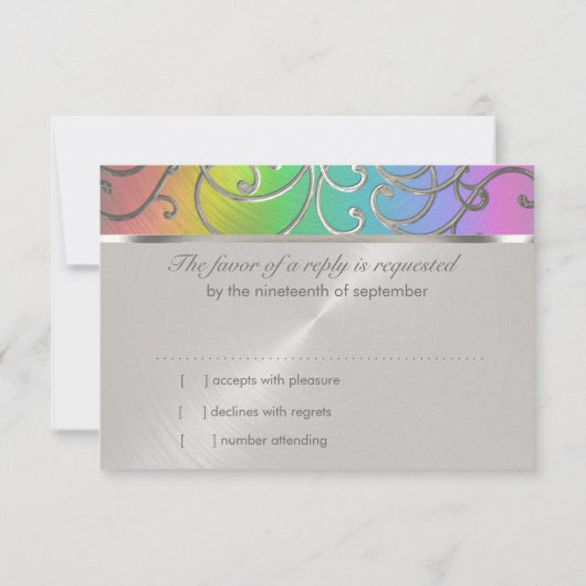 RSVPカードエレガントレインボーとシルバーフィリグリー 出欠カード (裏面)