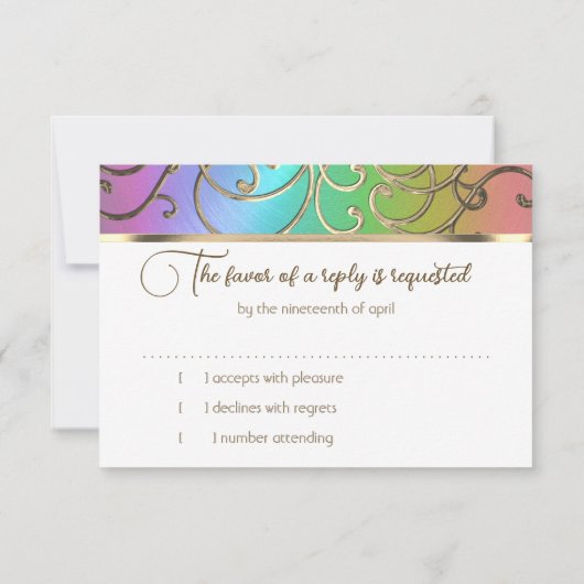 RSVPカードエレガントレインボーと金ゴールドのフィリーグリー 招待状 (裏面)