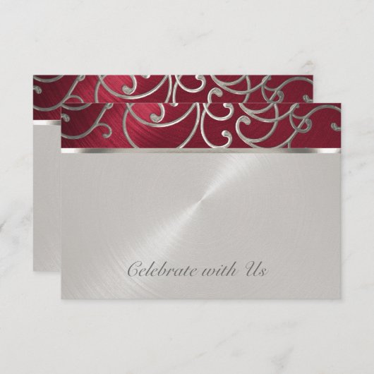 RSVPカードエレガント赤と銀のフィリグリー 出欠カード (正面/裏面)
