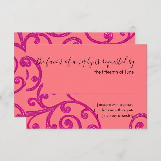 RSVPカードスクロールパターンピンク 出欠カード (正面/裏面)