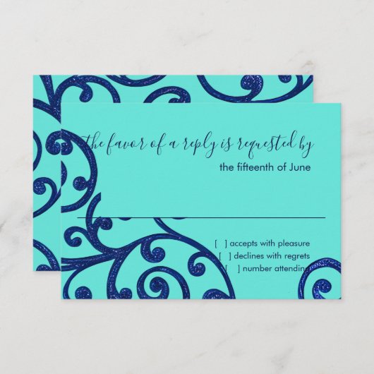 RSVPカードスクロールパターンブルー 出欠カード (正面/裏面)