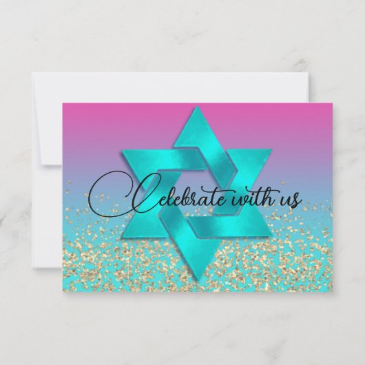 RSVPカードターコイズからピンクグラデーションと星 出欠カード (裏面)