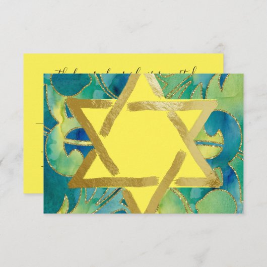 RSVPカードターコイズグリーンイエローウォーター色 出欠カード (正面/裏面)