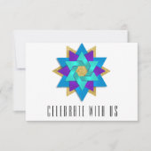 RSVPカードターコイズブルーアクアパープルスターフラワー 出欠カード (正面)