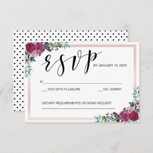 RSVPカードテンプレートの花柄フレーム 出欠カード (正面/裏面)