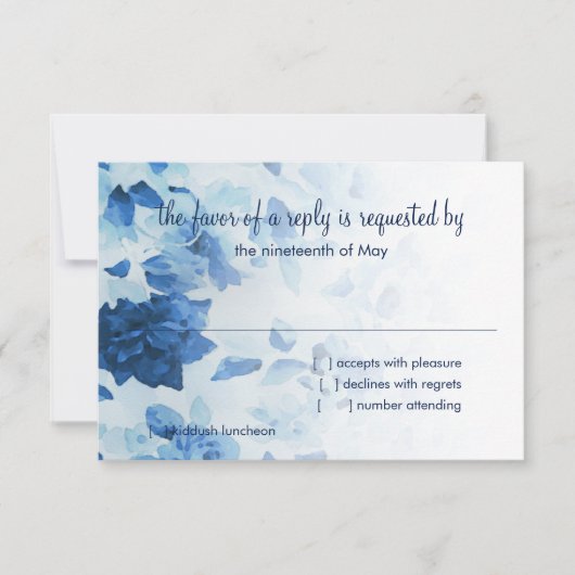 RSVPカードネイビーブルーウォーター色フローラ 出欠カード (正面)