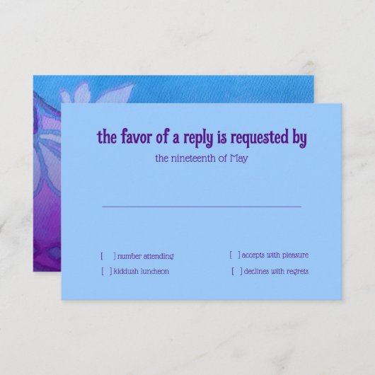 RSVPカードパープルターコイズブルーフローラ水彩 招待状 (正面/裏面)