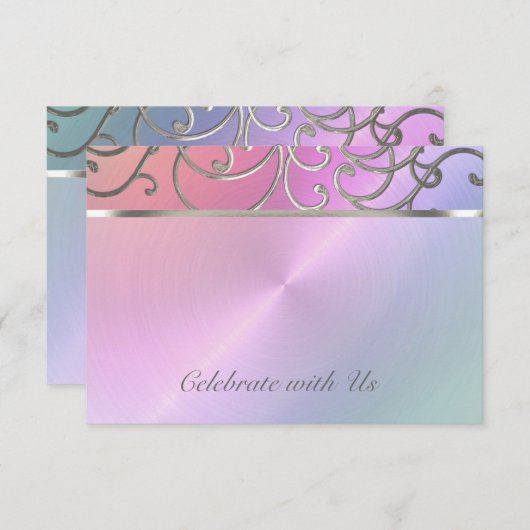 RSVPカードパールエレガントピンクシルバーフィリグリー 招待状 (正面/裏面)