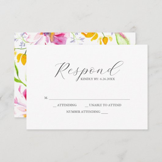 RSVPカードピンク花柄 出欠カード (正面/裏面)