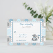 RSVPカードブルーグレーテディベアのボーイベビーシャワー 出欠カード (スタンド正面)