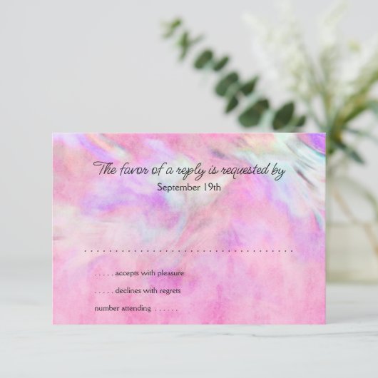 RSVPカードホットピンクと紫の絞り染めデザイン 出欠カード (スタンド正面)