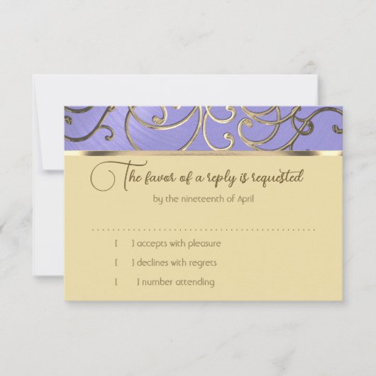RSVPカードラベンダーエレガントパープル金ゴールドフィリグリー 招待状 (正面)