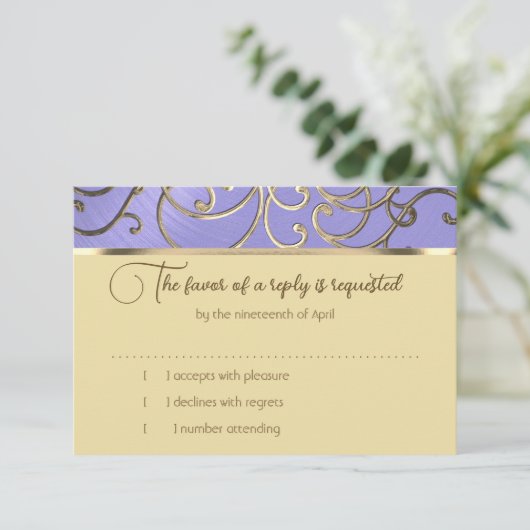 RSVPカードラベンダーエレガントパープル金ゴールドフィリグリー 招待状 (スタンド正面)