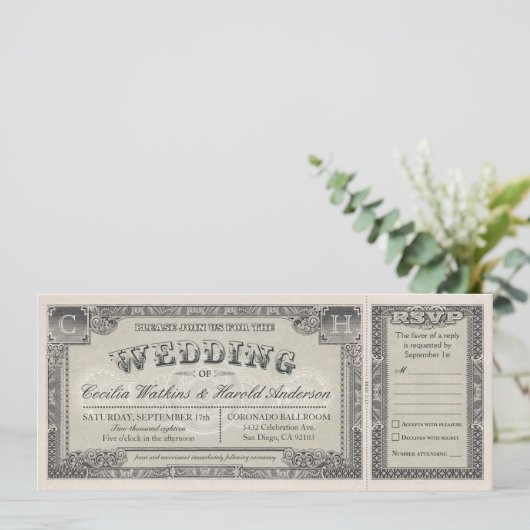 RSVPカード付きヴィンテージ結婚式チケットv.2 招待状 (スタンド正面)