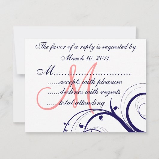 RSVPカード渦巻の濃紺の珊瑚のピンクの結婚 出欠カード (裏面)