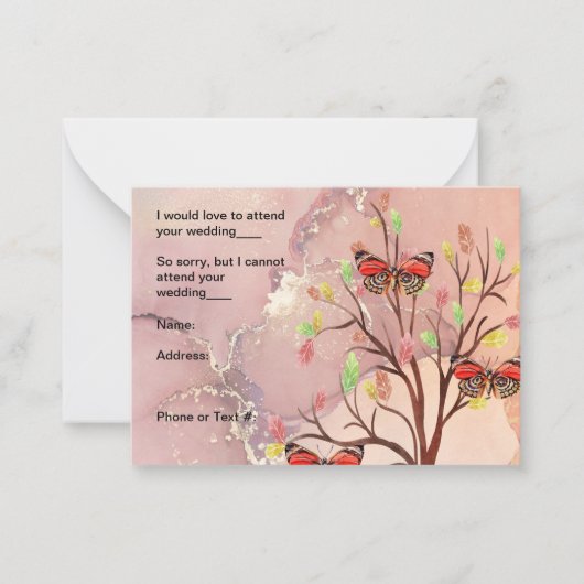 RSVPカード秋ツリー&バタフライデザイン ノートカード (正面)