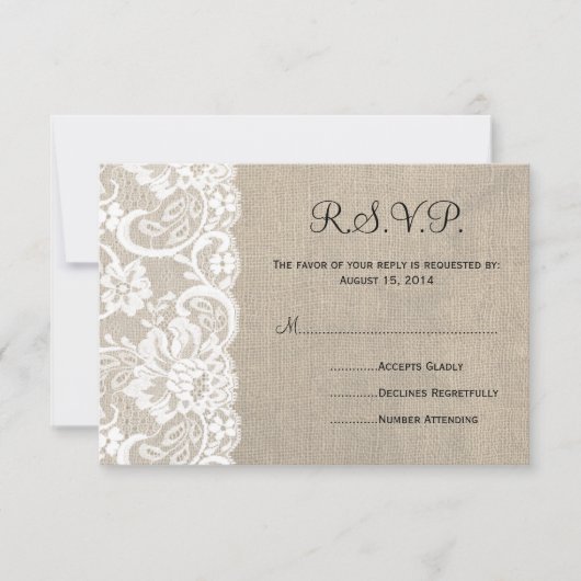 RSVPカード2を結婚する白いレースおよびバーラップ 出欠カード (正面)