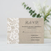 RSVPカード2を結婚する白いレースおよびバーラップ 出欠カード (スタンド正面)