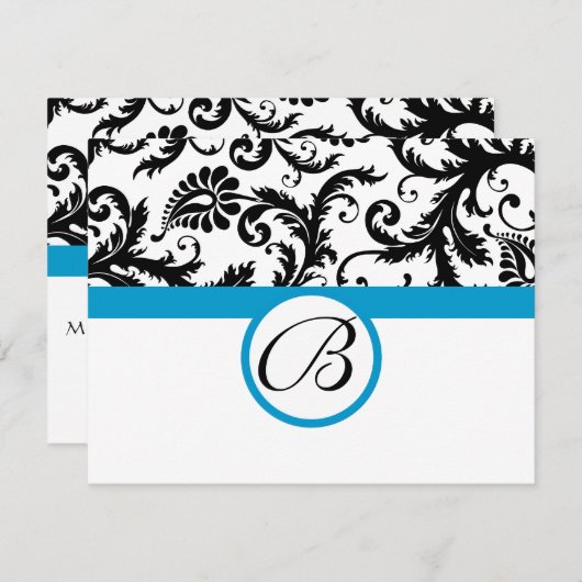 RSVPカード – 白黒ダマスクアクアトリム (正面/裏面)