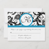 RSVPカード – 白黒ダマスクブライトアクアトリム (裏面)