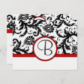 RSVPカード – 白黒ダマスクレッドトリム (正面/裏面)