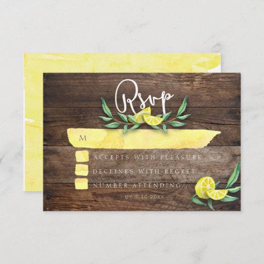 RSVPカード|素朴な木製レモン水彩画の結婚式 出欠カード (正面/裏面)