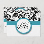 RSVPカード – 黒と白のダマスクダークプールブルー (正面/裏面)