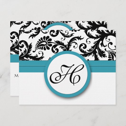 RSVPカード – 黒と白のダマスクダークプールブルー (正面/裏面)