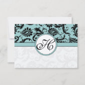 RSVPカード – 黒と白のダマスクダークプールブルー (正面)