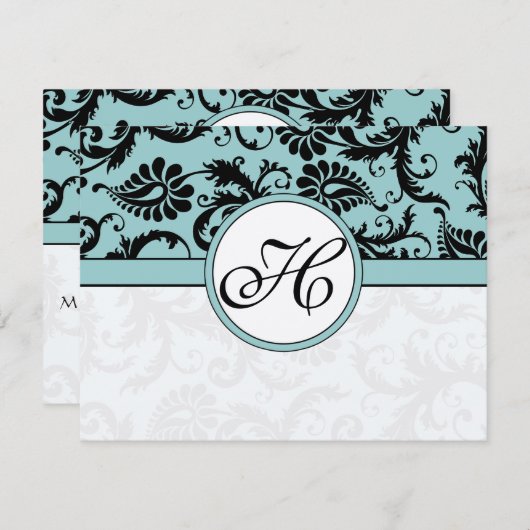 RSVPカード – 黒と白のダマスクダークプールブルー (正面/裏面)