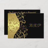 RSVPカード--黒及び金ゴールドの渦巻 出欠カード (正面/裏面)